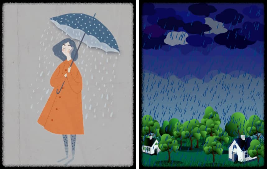 비오는날 우산쓰고있는 소녀와 풍경