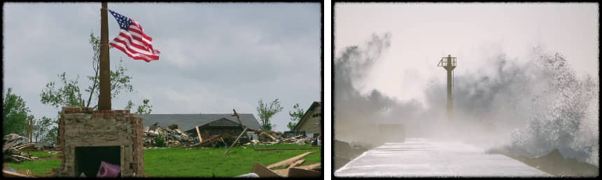 태풍피해를 받은 미국의 한 마을과 태풍으로 인해 높은 파도가 치는 해안가